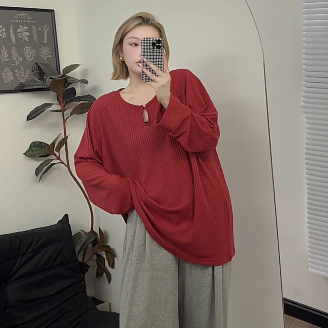 【瘦瘦】韩版华夫格一粒扣水滴领长袖打底衫女早秋外穿上衣S0751