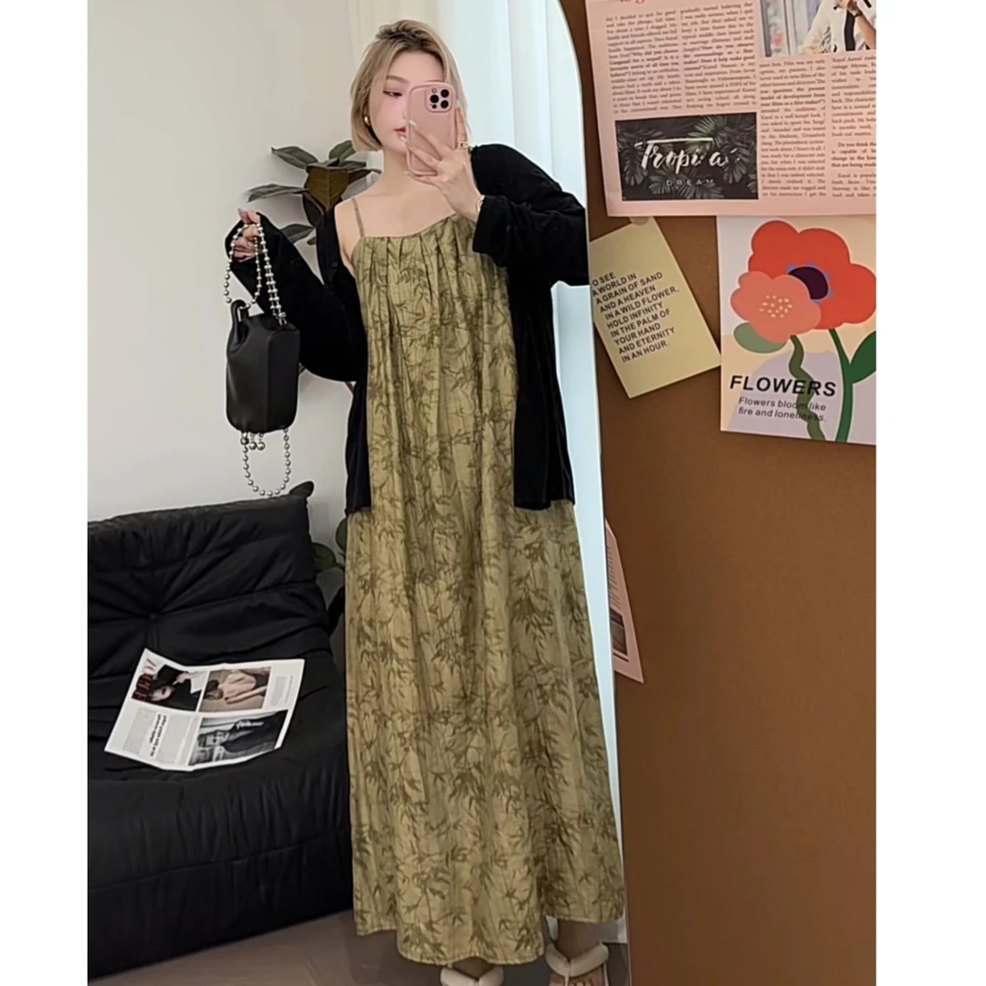 【瘦瘦】东方淮竹-夏季新中式写意竹大码系带莱赛尔连衣吊带裙S0627