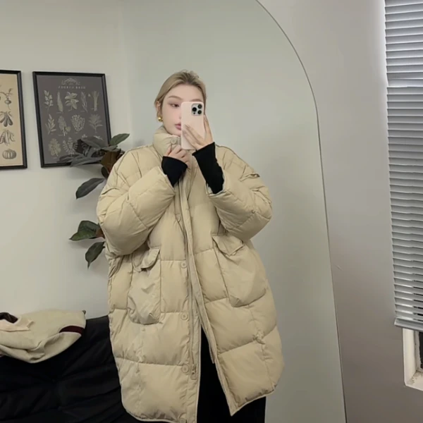 【瘦瘦】温室花朵-秋冬50鸭绒立领羽绒服女宽松厚中长外套S01044