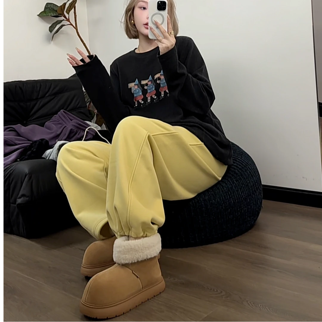 【瘦瘦】彩虹方糖-秋冬加绒纯色抽绳显瘦百搭束脚长裤S01081