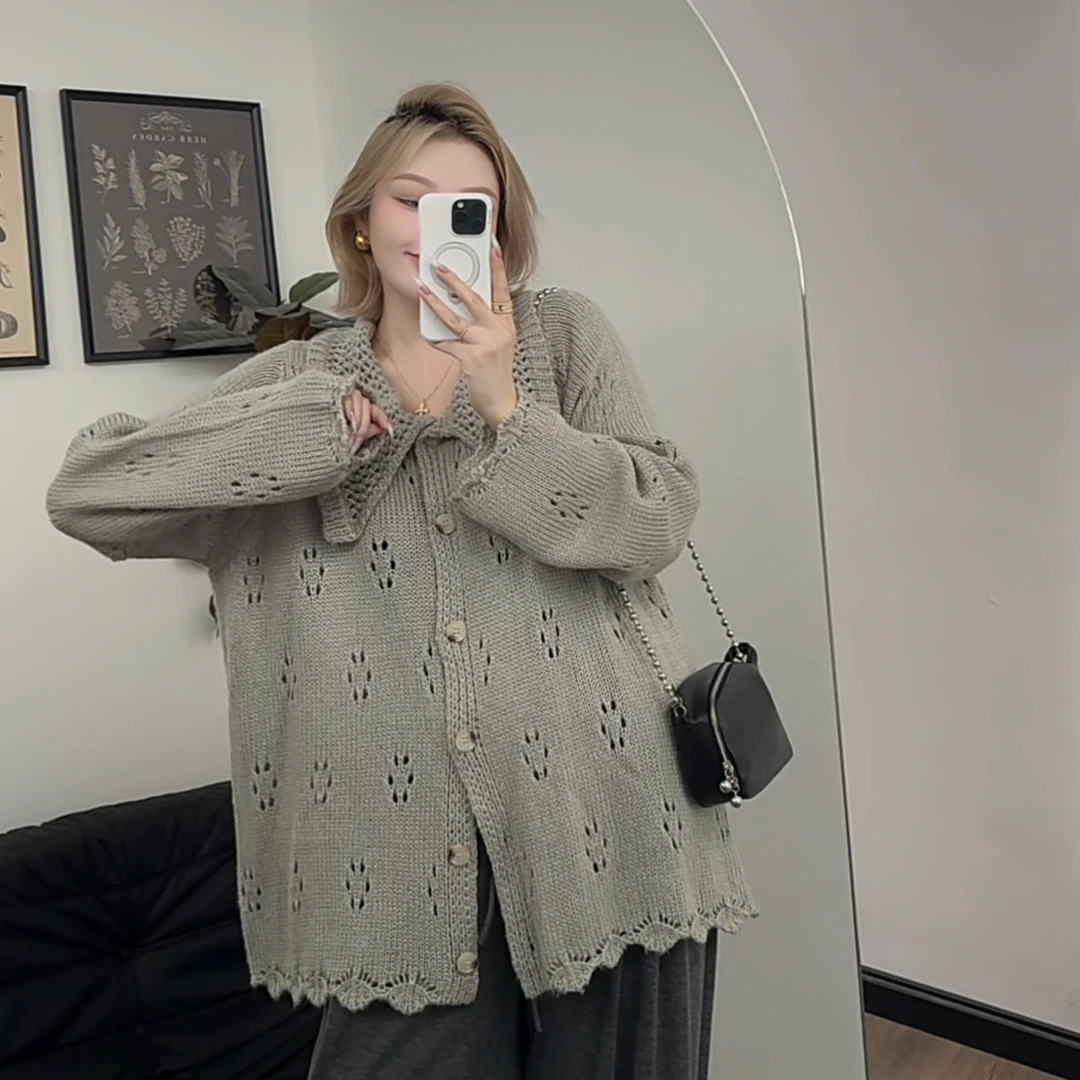 【瘦瘦】韩系慵懒风翻边钩花镂空海军蓝灰色针织毛衣开衫外套S0773