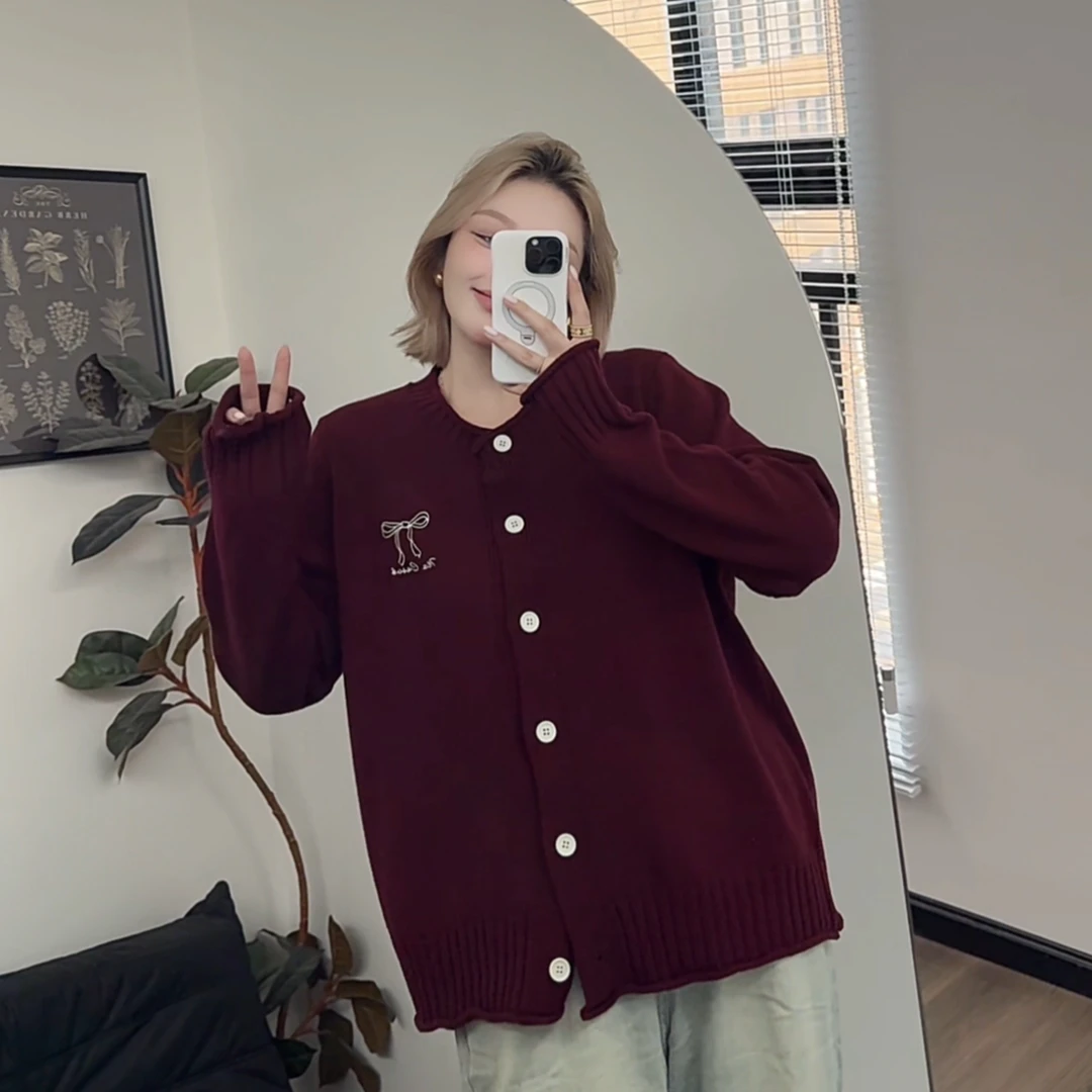 【瘦瘦】清新甜美蝴蝶结针织开衫外套女士秋季韩系安克拉红S0806