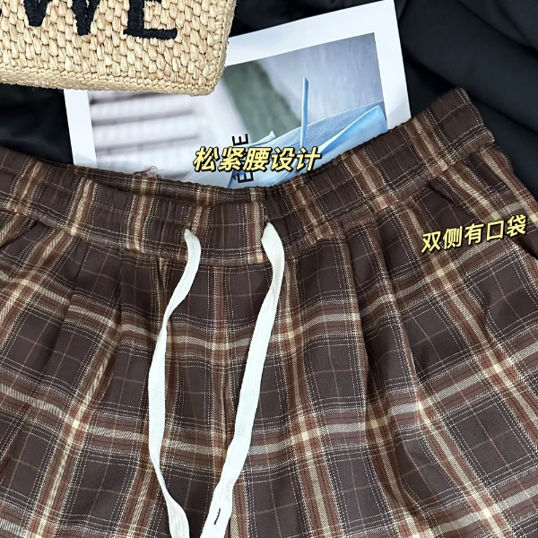 【瘦瘦】大码夏秋显瘦休闲外穿高腰松紧腰直筒格子裤S0731