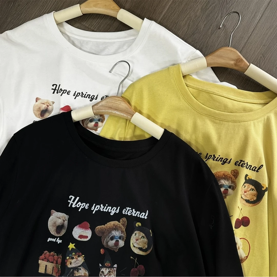 【瘦瘦】趣味猫狗印花圆领宽松三色卫衣女设计感显瘦S01012