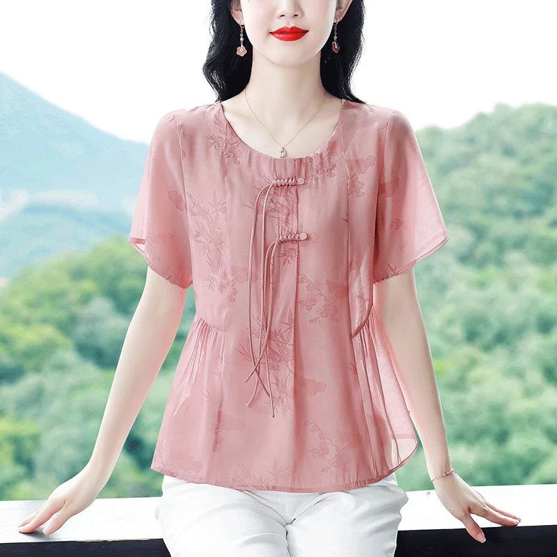 夏季新款短袖衬衫女中式盘扣减龄宽松大码遮肚子小衫妈妈上衣