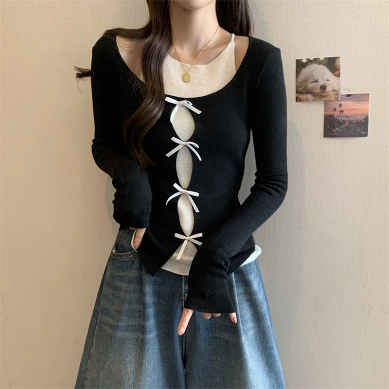 胖mm纯欲风蝴蝶结假两件针织衫毛衣女早秋大码修身显瘦打底衫上衣