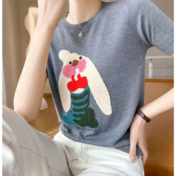 网红针织时尚休闲宽松羊毛衫圆领百搭女士夏季重工卡通短袖T恤