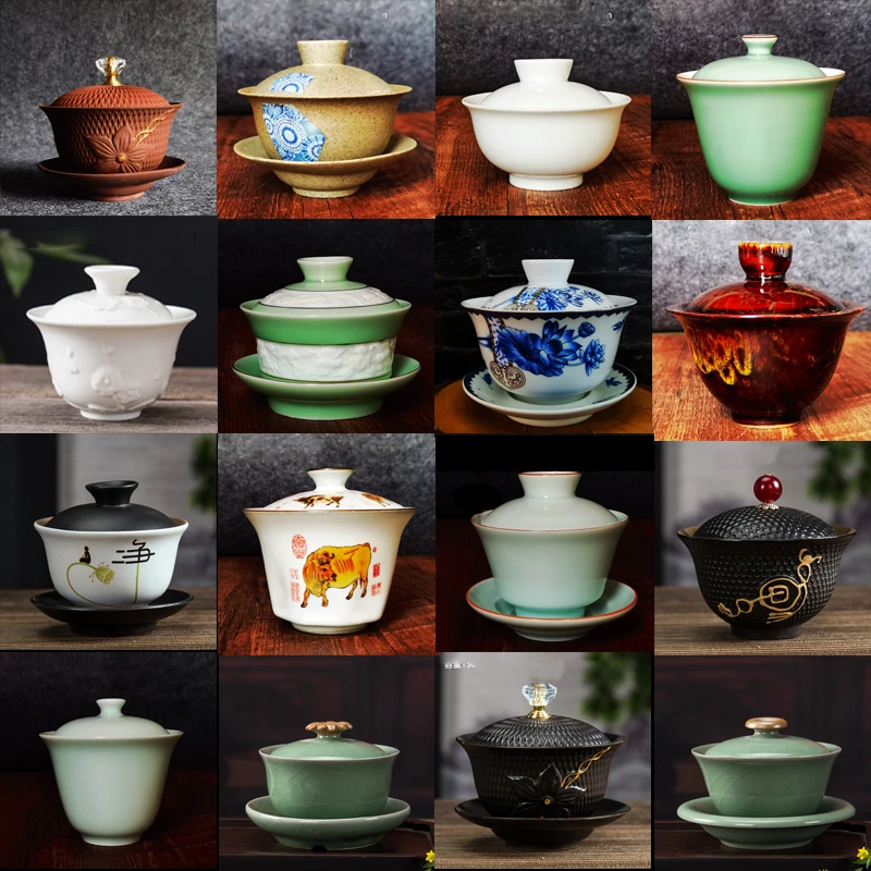 陶瓷梅花浮雕盖碗茶盖碗泡茶器白瓷高档复古茶具小号哥窑单个家用