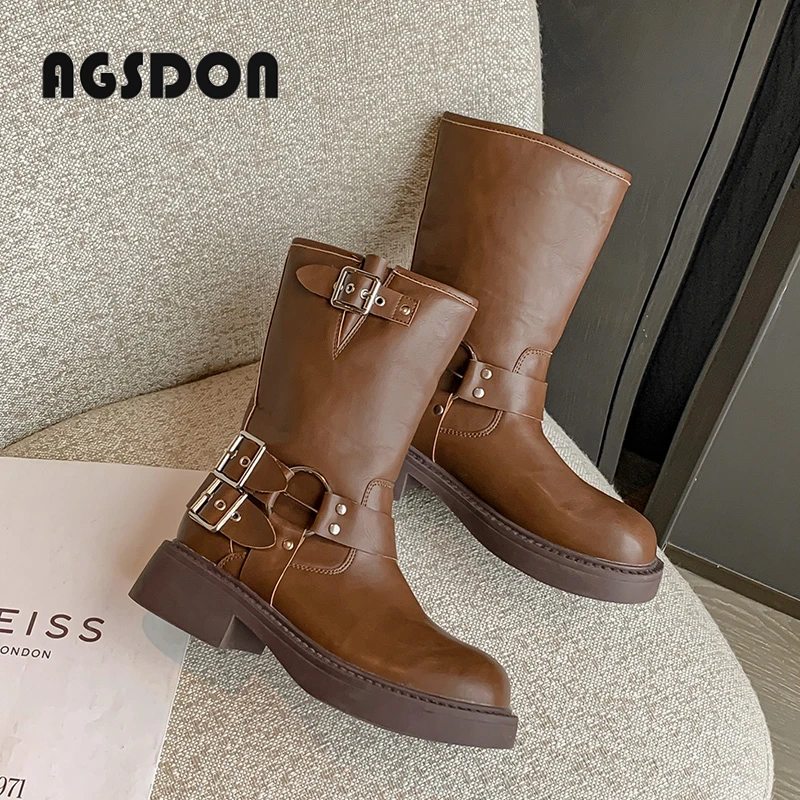 奥古狮登西部牛仔靴女2024夏季新款厚底马丁复古中筒棕色骑士靴子