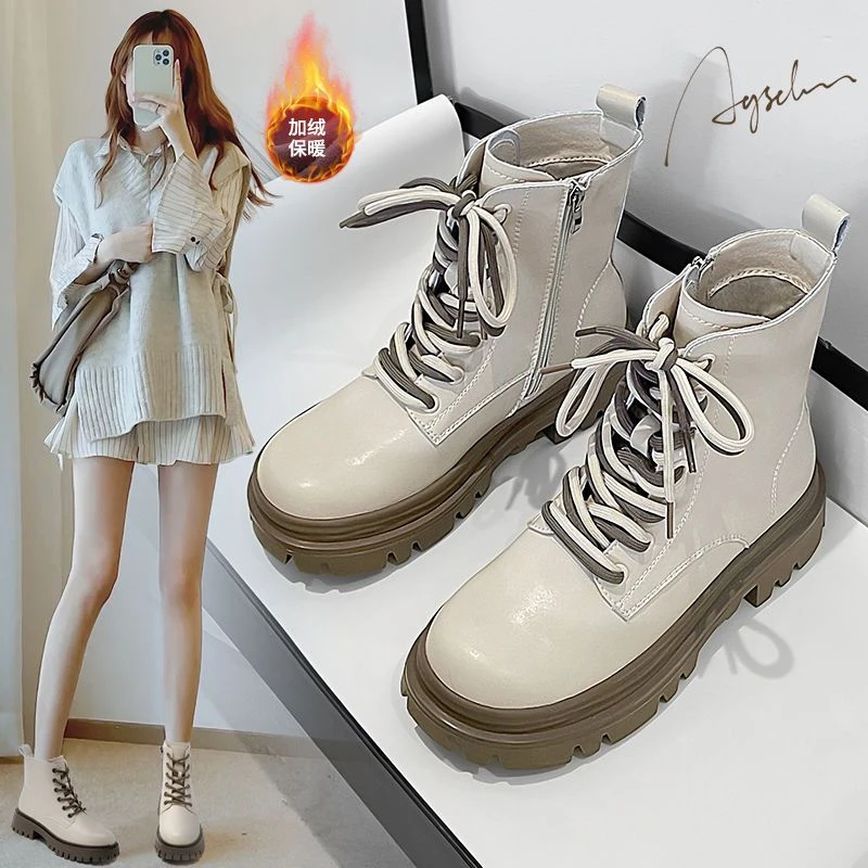 奥古狮登马丁靴女2023新款秋冬真皮加绒英伦风短靴爆款厚底增高