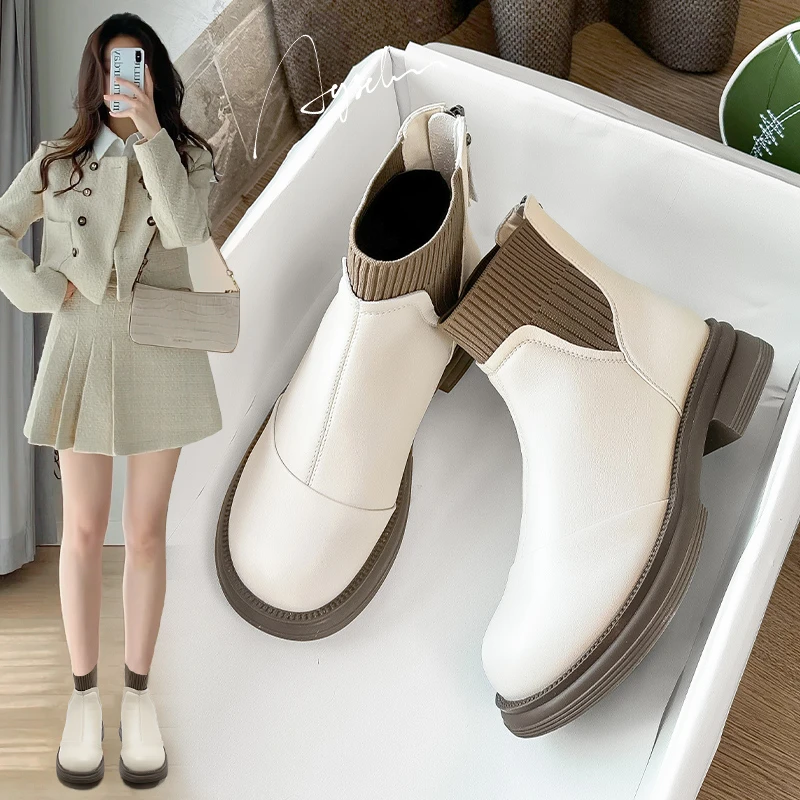 奥古狮登马丁靴女2023新款秋季女靴百搭厚底显瘦法式短靴切尔西靴
