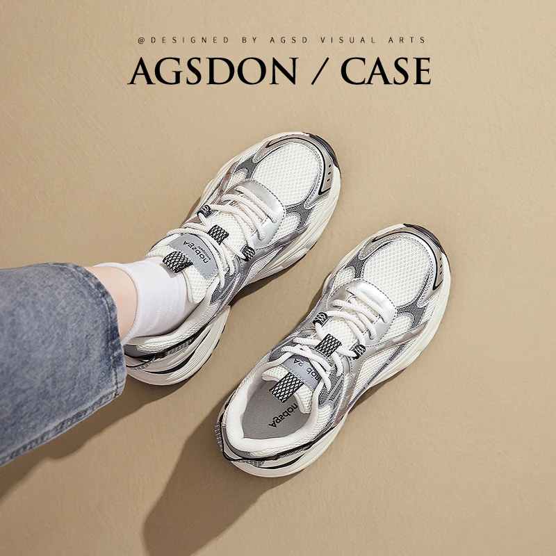 奥古狮登银色老爹鞋女款2024夏季薄透气增高厚底炸街运动鞋轻便秋