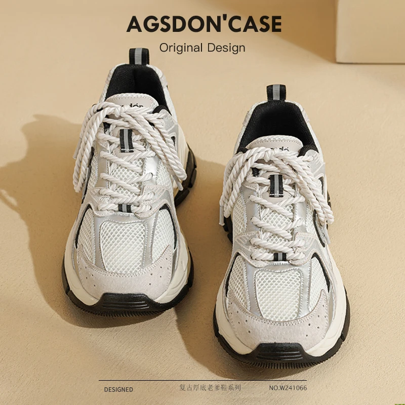 奥古狮登厚底老爹鞋女2024新款春季复古港风显脚小增高小白运动鞋