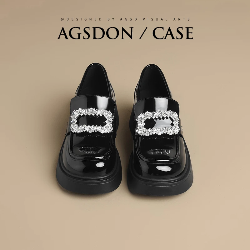 奥古狮登厚底乐福鞋女2024夏季黑色方扣水钻单鞋英伦学院风小皮鞋