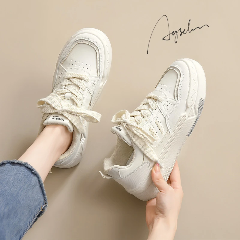 奥古狮登厚底小白鞋女2023新款爆款系带百搭平底运动学生小众板鞋