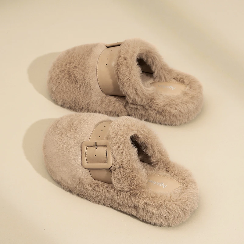 奥古狮登厚底毛毛拖鞋女2023秋冬质感一脚蹬加绒保暖孕妇棉拖外穿