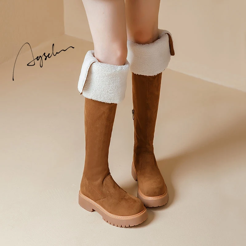 奥古狮登长筒靴女2023新款秋冬加绒保暖雪地靴棕色小个子粗腿长靴