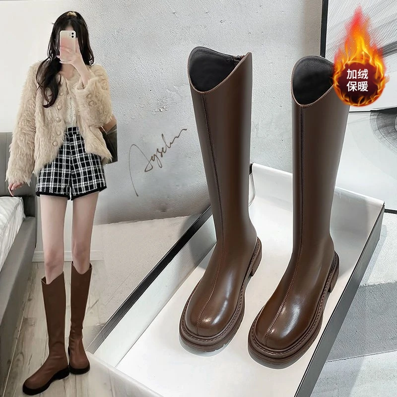 奥古狮登长筒靴女2023新款秋冬粗腿骑士小个子棕色长靴高筒马丁靴