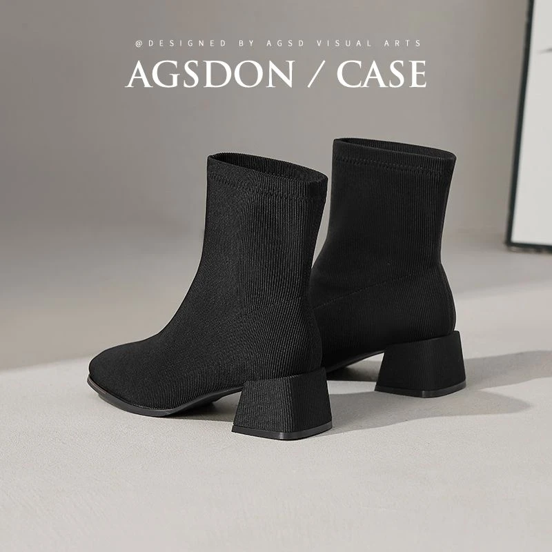 奥古狮登黑色高跟短靴女款2024新款秋季百搭马丁靴单靴弹力瘦瘦靴