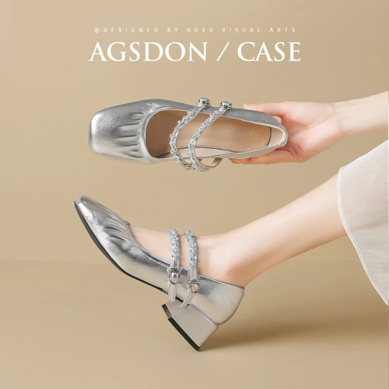 奥古狮登银色单鞋女2024新款低跟法式绝美玛丽珍凉鞋配裙子小皮鞋