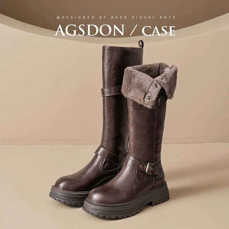 奥古狮登长筒靴子女秋冬2025新款爆款洋气高筒厚底加绒骑士长靴子