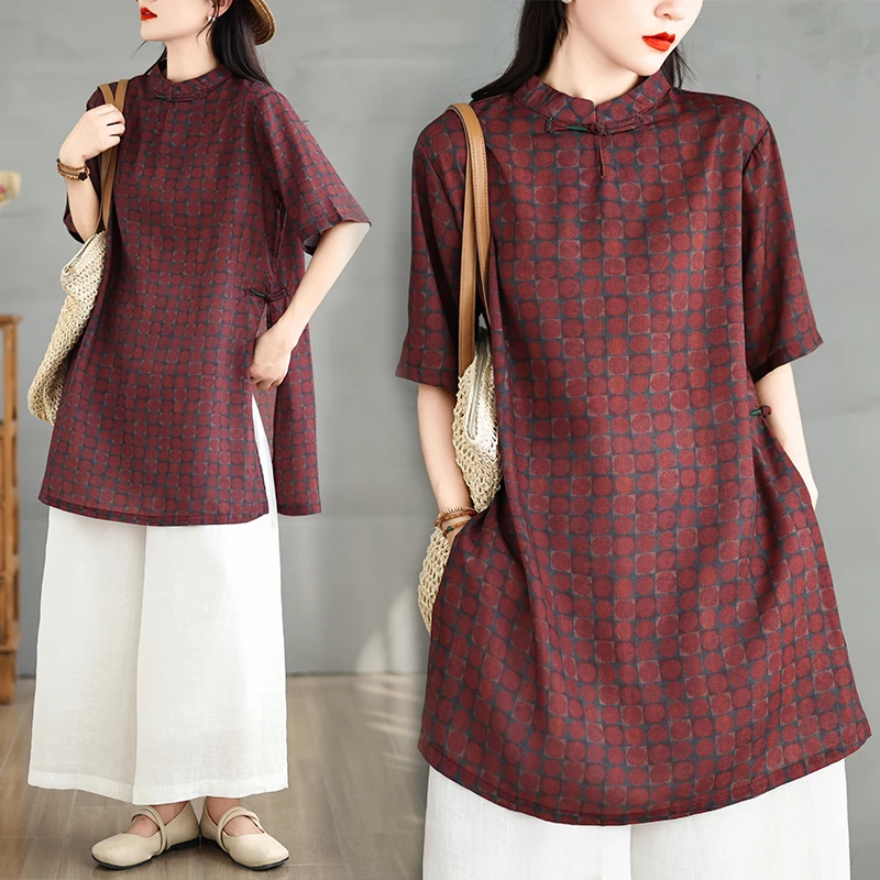 2025夏季新款中长款印花开衩盘扣棉麻文艺大码棉麻衬衫