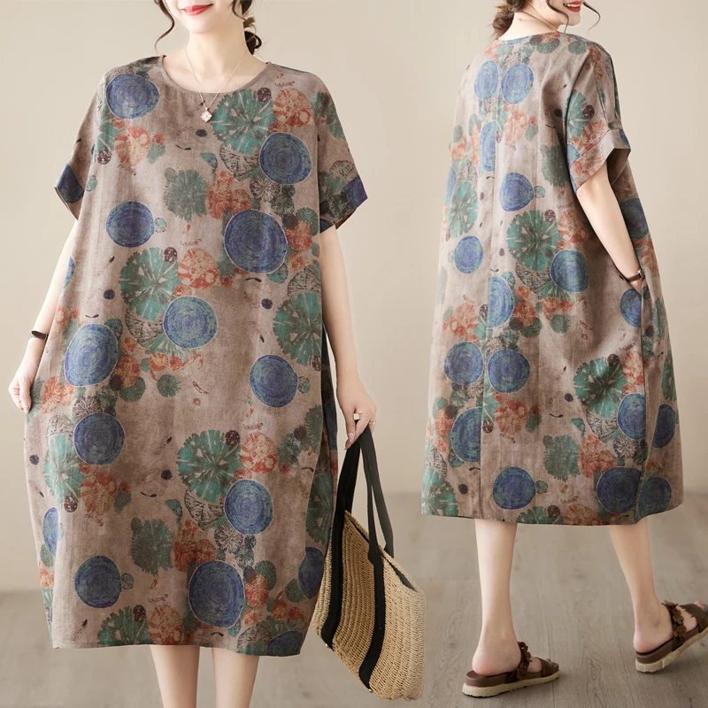 2025大码女装 胖MM棉麻复古文艺民族风显瘦显白连衣裙