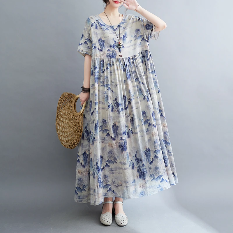 2025新款田园风夏季新款文艺大码胖MM加肥加大印花短袖连衣裙