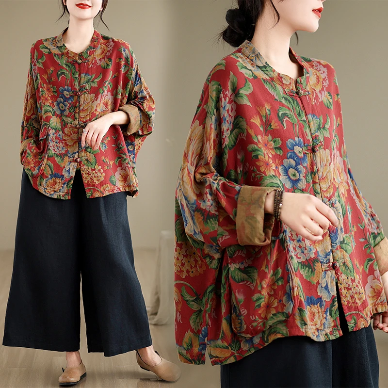 2025棉麻印花盘扣衬衫茶服复古外穿小众外套开衫