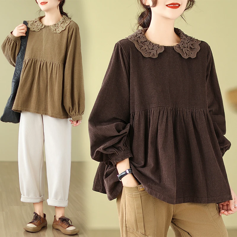 882024冬季新品灯芯绒加厚娃娃衫花边领套头宽松显瘦衬衫