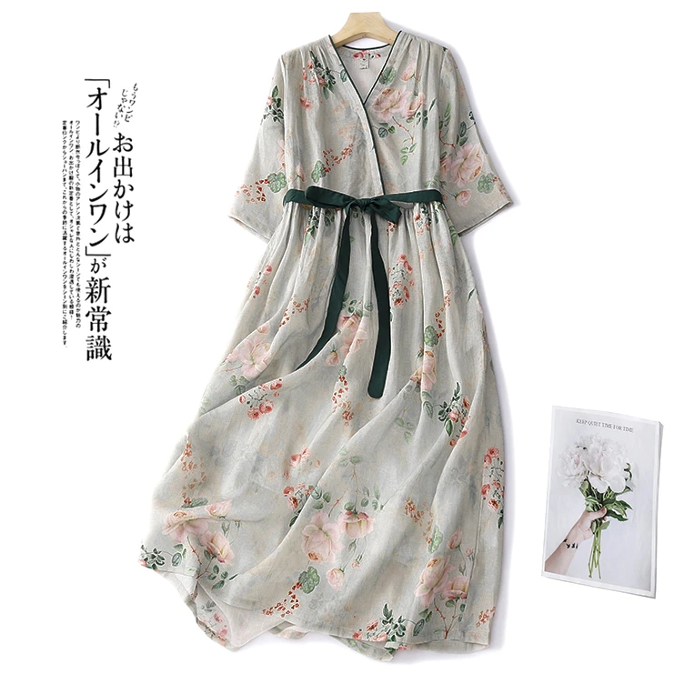 夏季文艺复古高腰连衣裙女夏显瘦遮肚棉麻拼接长款裙子