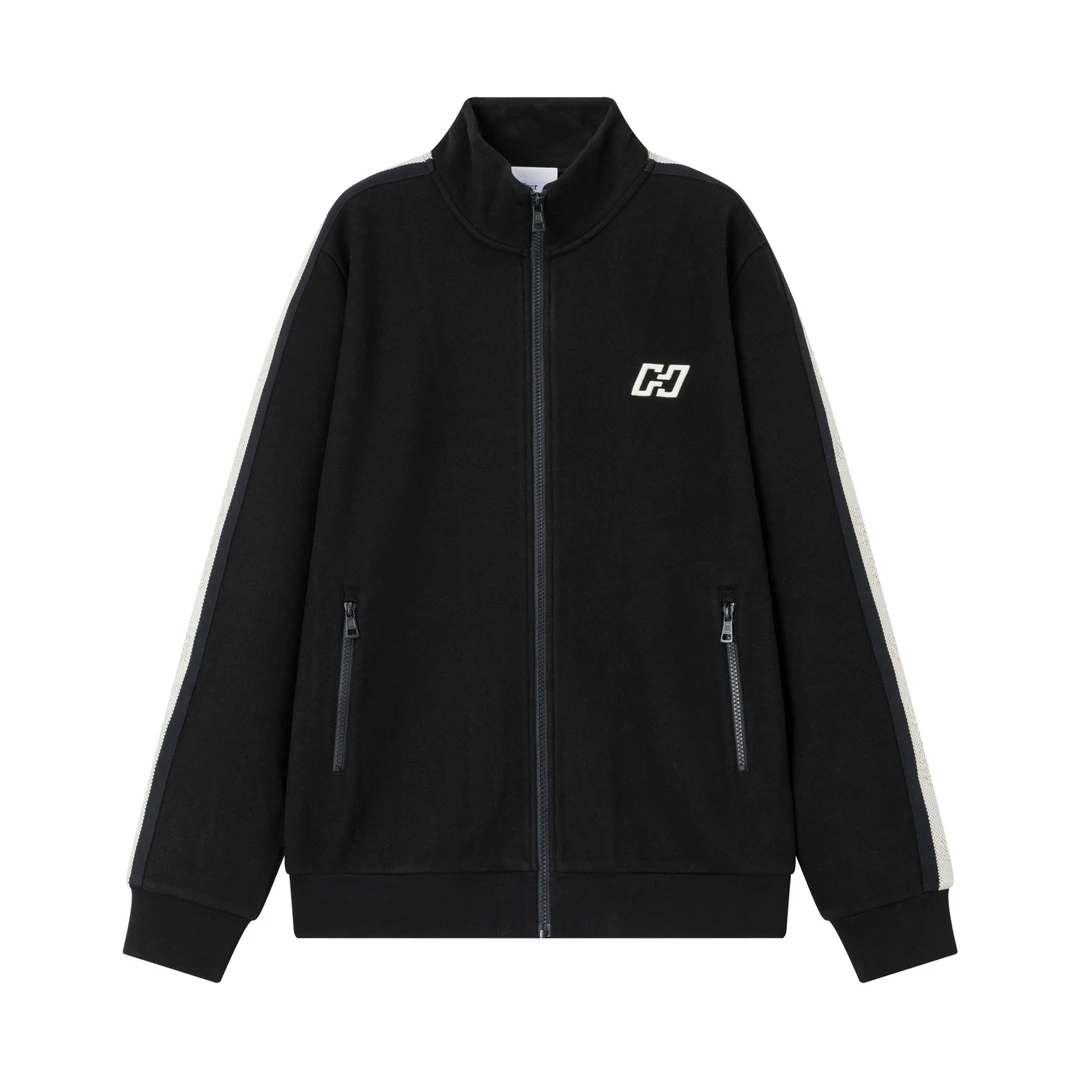 CRCR秋冬季男士厚立领刺绣条纹拼接百搭运动黑色简约卫衣夹克外套