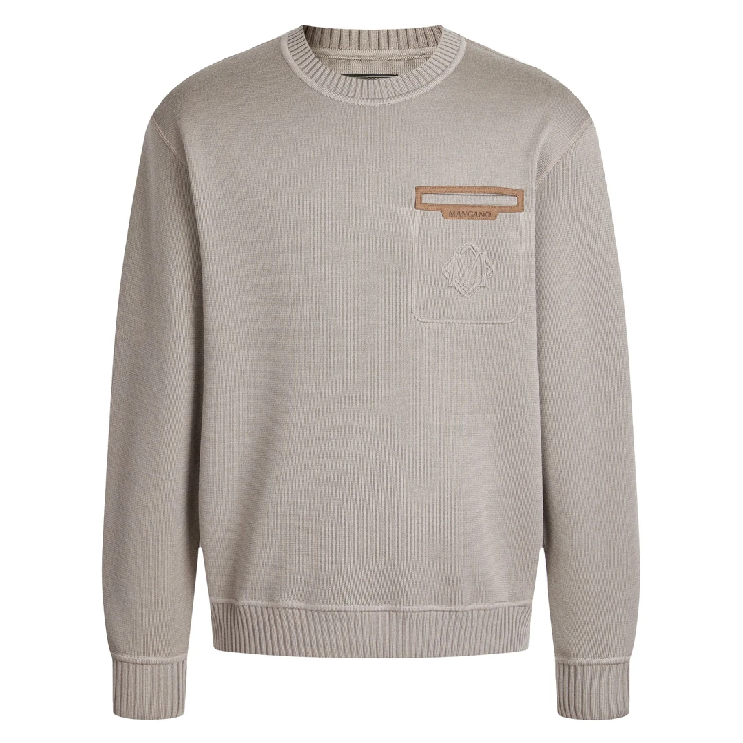 MANGANO曼加龙厚圆领男胸袋logo3D刺绣宽松简约黑杏色毛衣羊毛衫