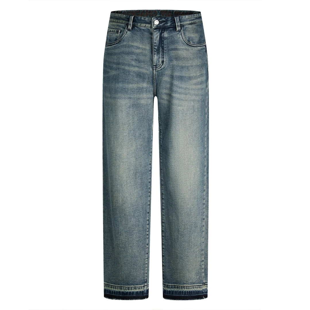 MANGANO曼加龙秋冬男做旧做破手擦拼接logo刺绣直筒水洗蓝牛仔裤