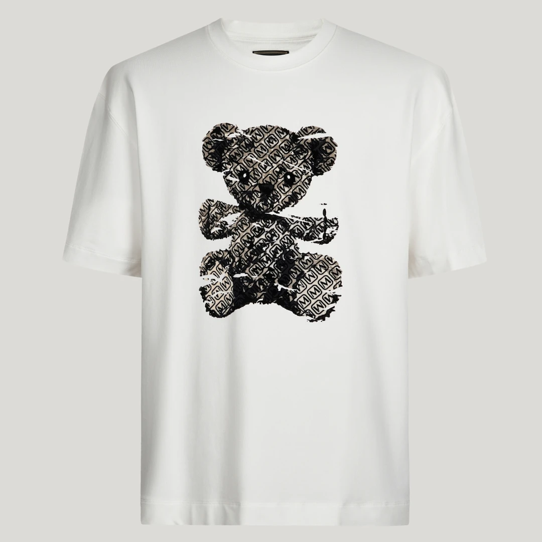 MANGANO曼加龙秋冬新厚logo老花小熊植绒休闲百搭圆领白色短袖T恤