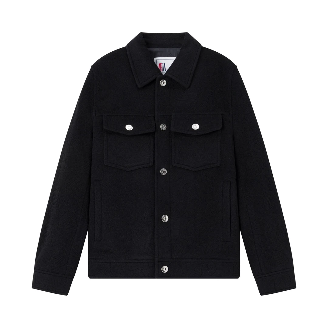 CRCR秋冬季厚男士翻领暗花纽扣口袋羊毛黑色简约正肩宽松夹克外套