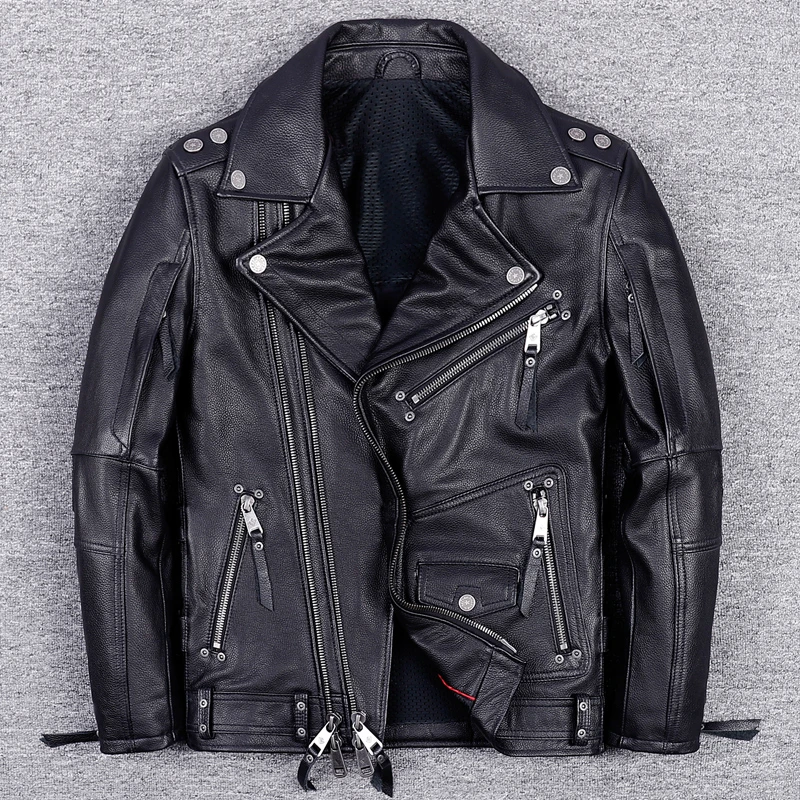 Y008头层牛皮男士短款重金属真皮皮衣青年大翻领修身型机车皮夹克