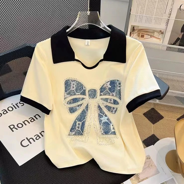 夏装搭配胖mm大码正肩短袖T恤蝴蝶结上衣遮肚显瘦夏季新款