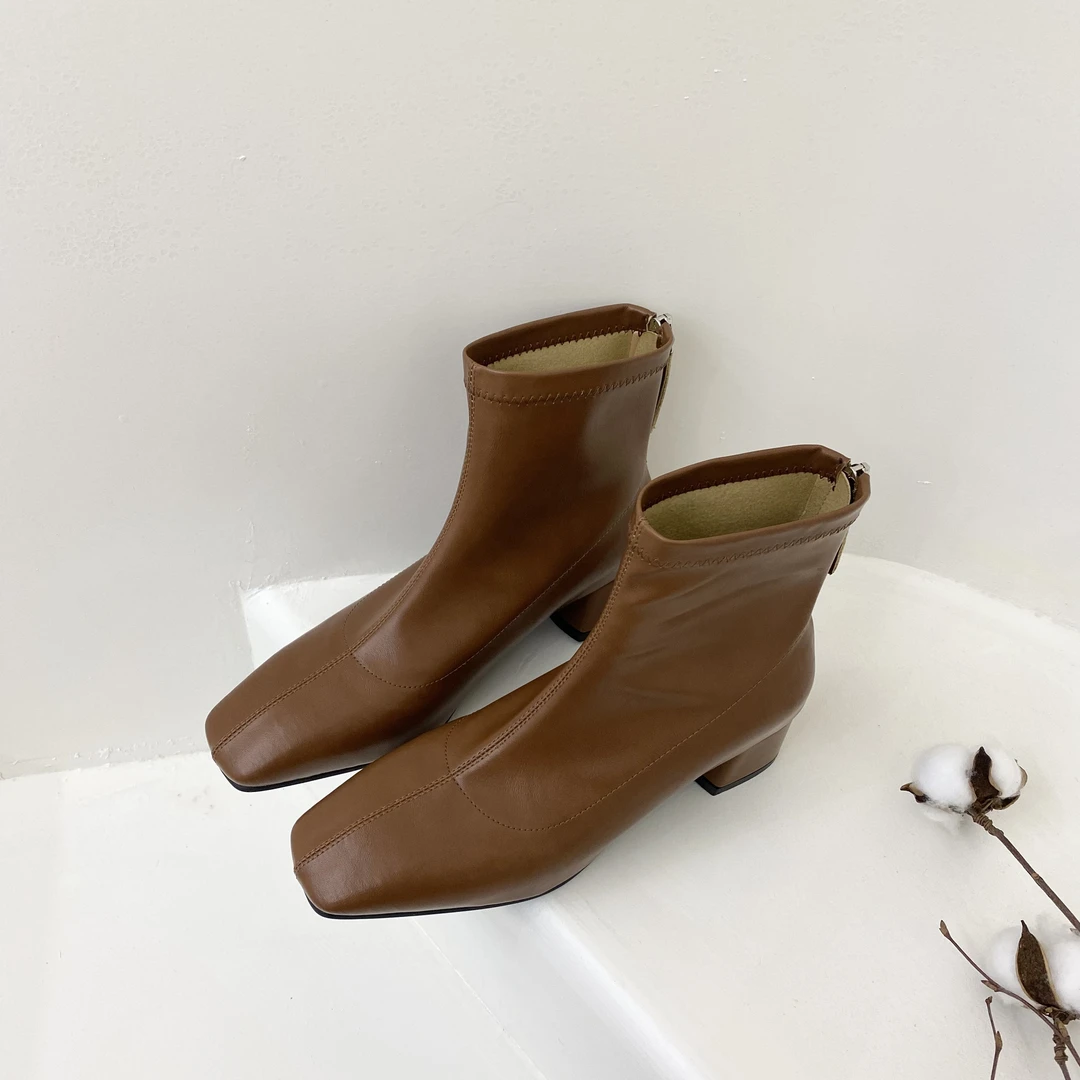 秋冬新款粗跟方头女士裸靴气质时尚百搭洋气中跟短靴M47-8125