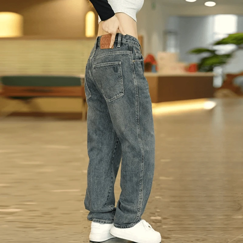 美式复古秋冬新款轻奢大牛重工水洗高街直筒牛仔裤男（加绒可选）