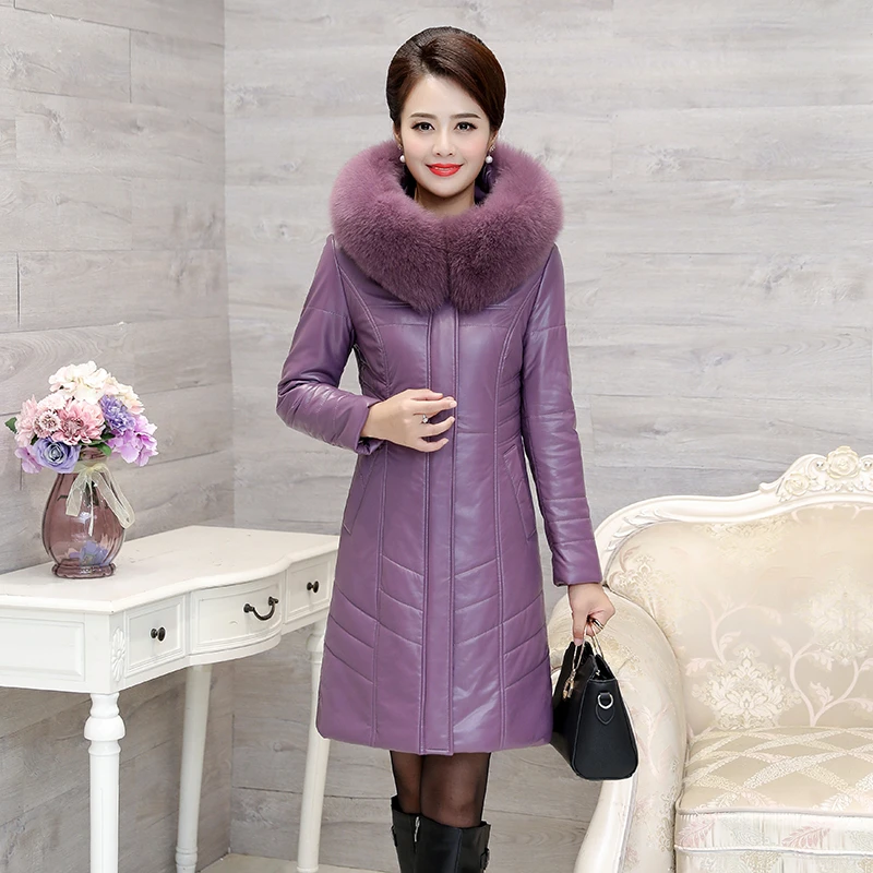 2024年冬季新款加绒加厚保暖皮羽绒服女中长款大码修身显瘦妈妈装
