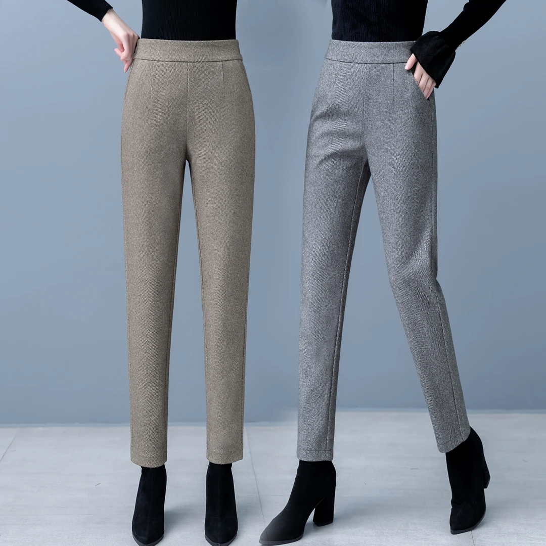 2025春季新款小个子长裤显瘦松紧腰小脚哈伦裤女士厚款毛呢休闲裤