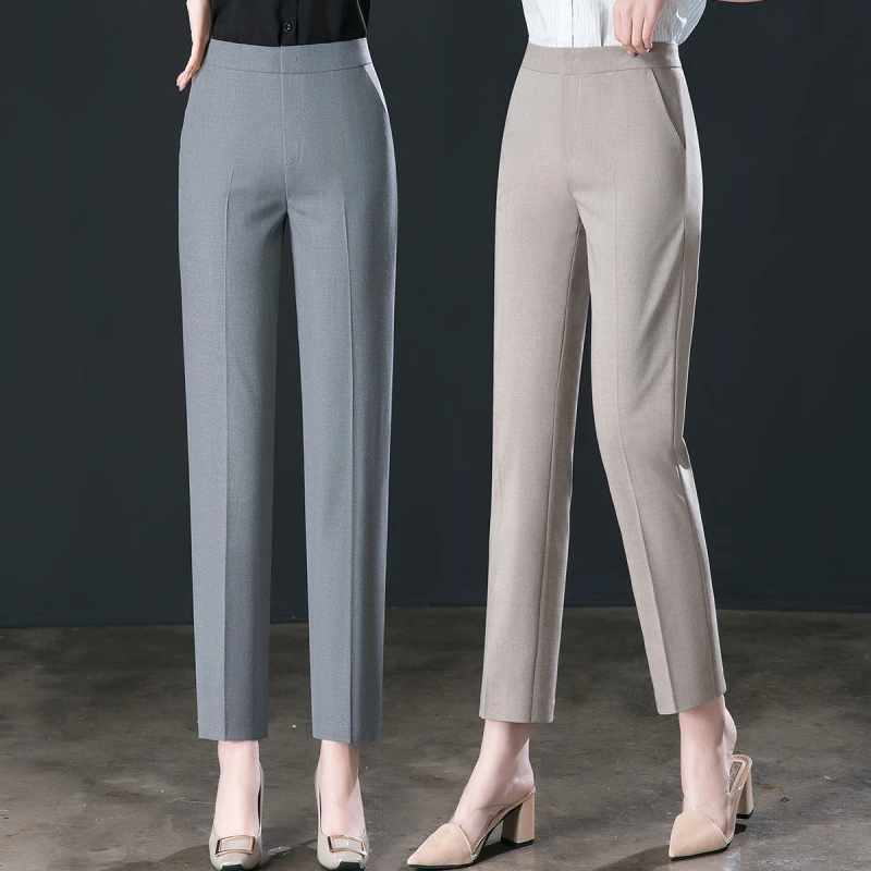 夏季薄款通勤OL女裤免烫休闲西装裤女士直筒九分裤高腰暗扣小西裤