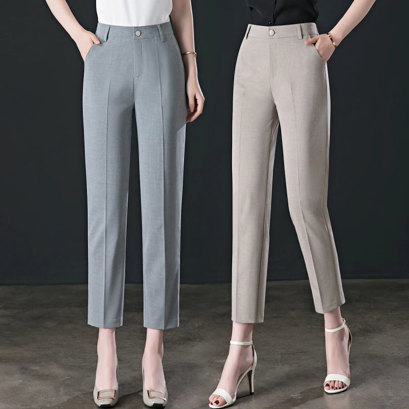 夏季薄款通勤OL女裤免烫松紧腰修身直筒西装裤女士高腰九分小西裤