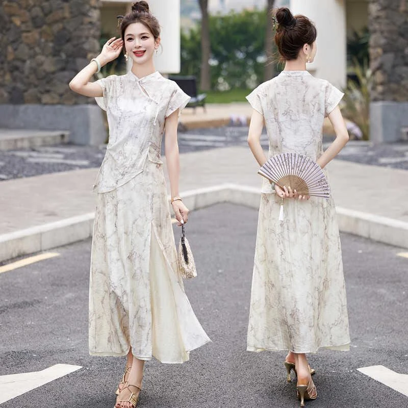 新款新中式旗袍套装夏日常少女不规则国风印花桑蚕丝上衣半身裙两