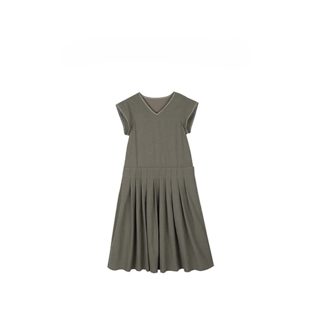 无品牌2025SS小众设计师特种机工艺莫兰迪色石灰绿长款连衣裙