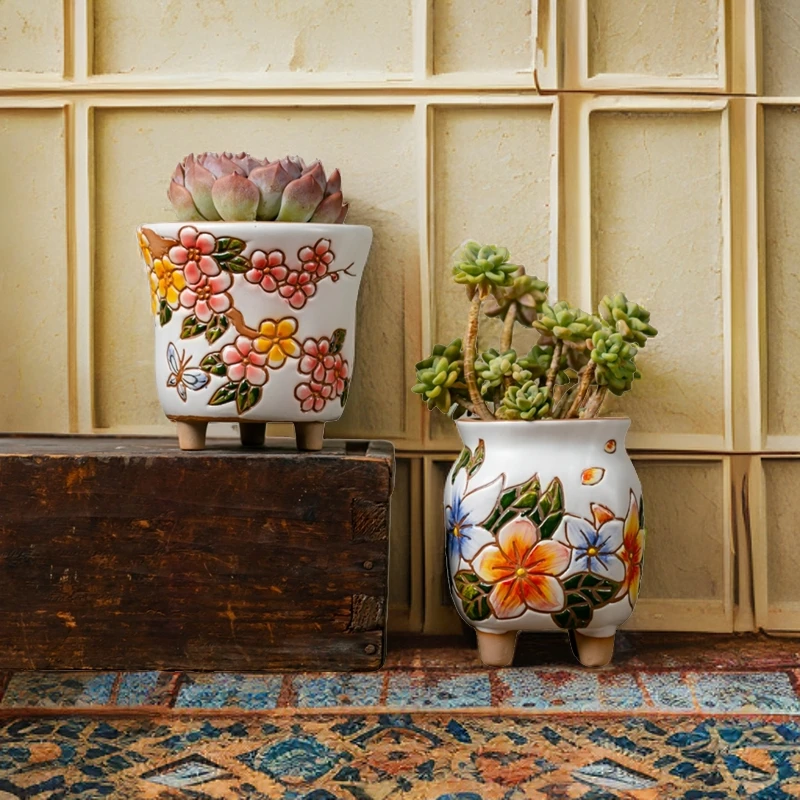 手绘多肉植物花盆圣透气大小传统雕刻手工粗陶陶瓷多肉植物花盆