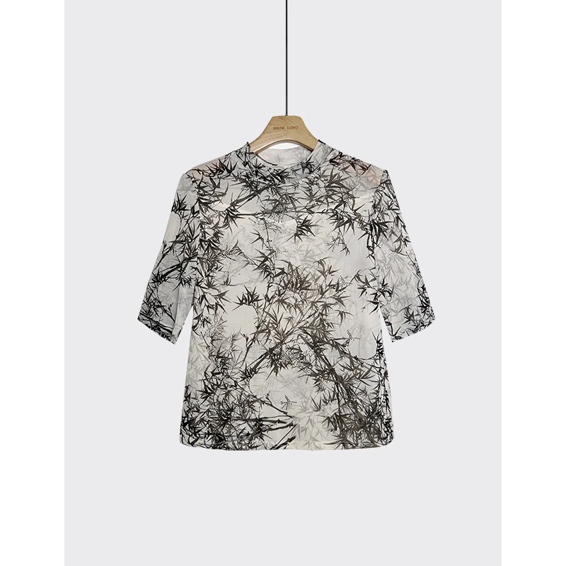 Show Long/舒朗夏季时尚舒适透气竹叶图案上衣圆领WS3D121