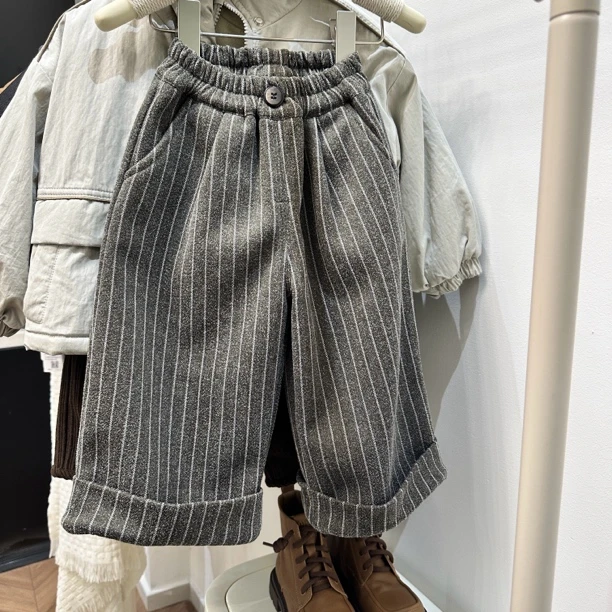 加绒加厚儿童韩版条纹时尚休闲个性男女童冬款休闲裤94401