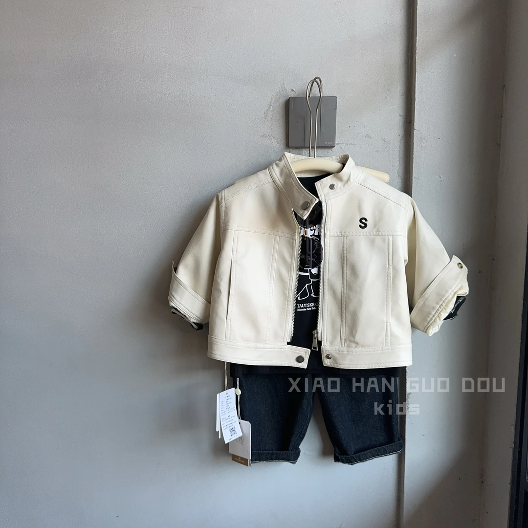 2024男童女童时尚洋气休闲潮童皮衣外套  百搭帅气儿童纯色外套